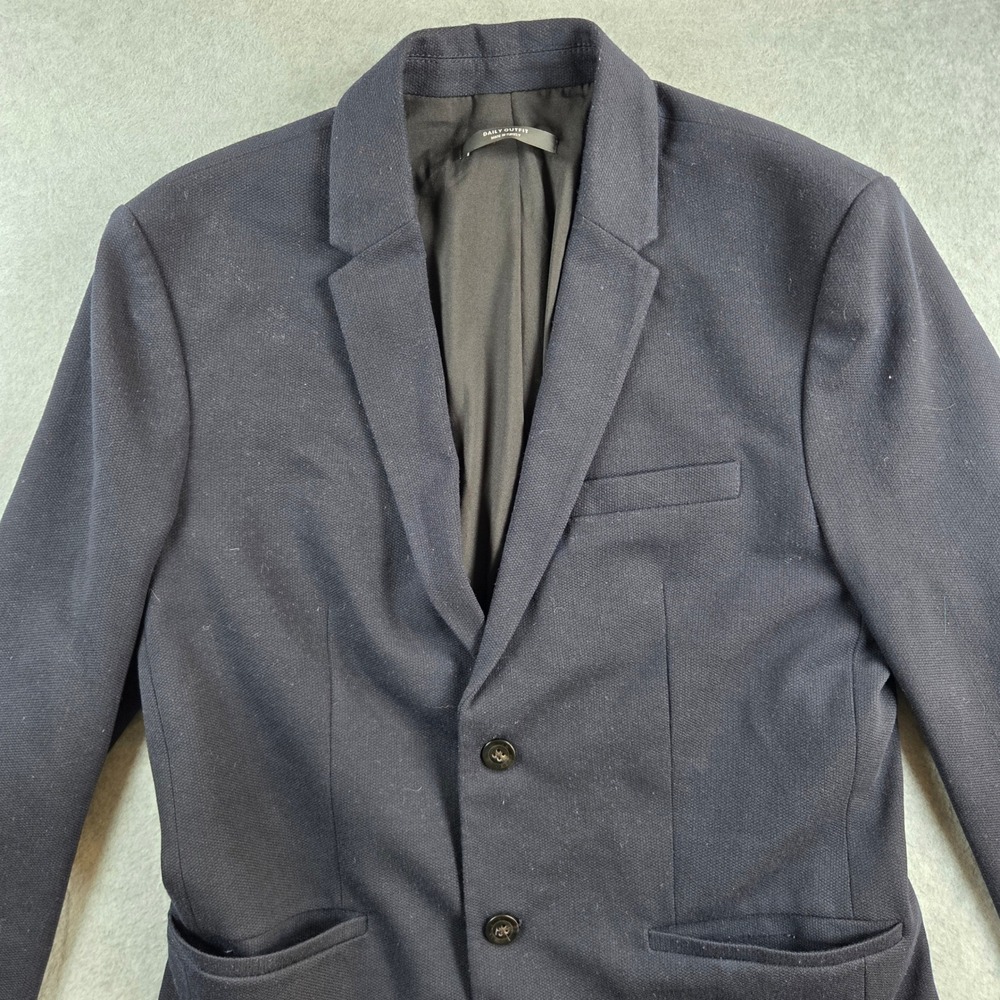 Zara Essentials Blazer Mens L Navy Blue Textured Knit Two-Button Slim Sport Coat